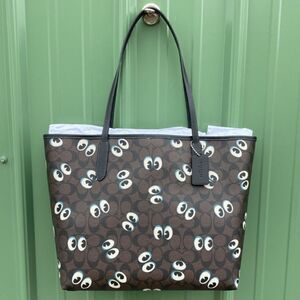 COACH City Tote In Signature Canvas Halloween Ghost Eyes Leather Tote Bag Purse